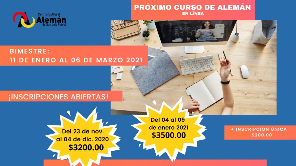 CCA_SLP's tweet photo. ¡Nos preparamos para comenzar con todo en 2021! Próximo bimestre de alemán.  Inscripciones a partir del lunes 23 de noviembre. ¡Checa precios y aprovecha pagando este 2020! 😀✍🙌 https://t.co/HBkwJGyBtQ