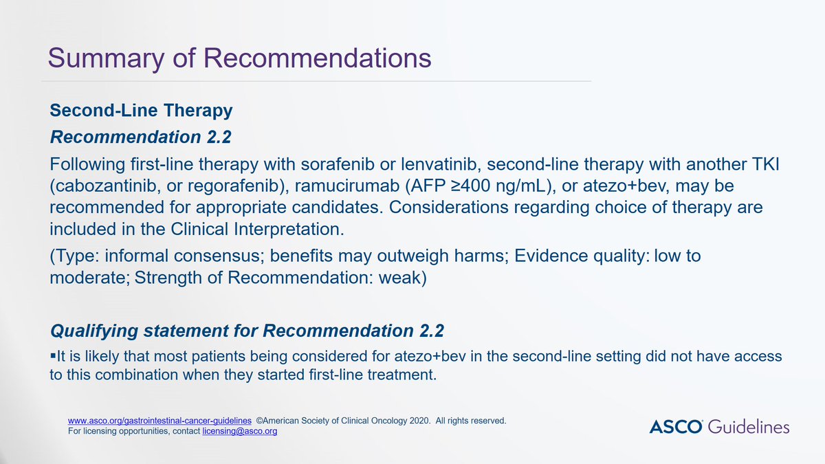 Systemic therapy for HCC-- 2nd Line Therapy:If Atezo/Bev 1st line -> sorafenib/lenvatinib Can consider cabozantinib/rego too #ascoguidelines #hbpsm