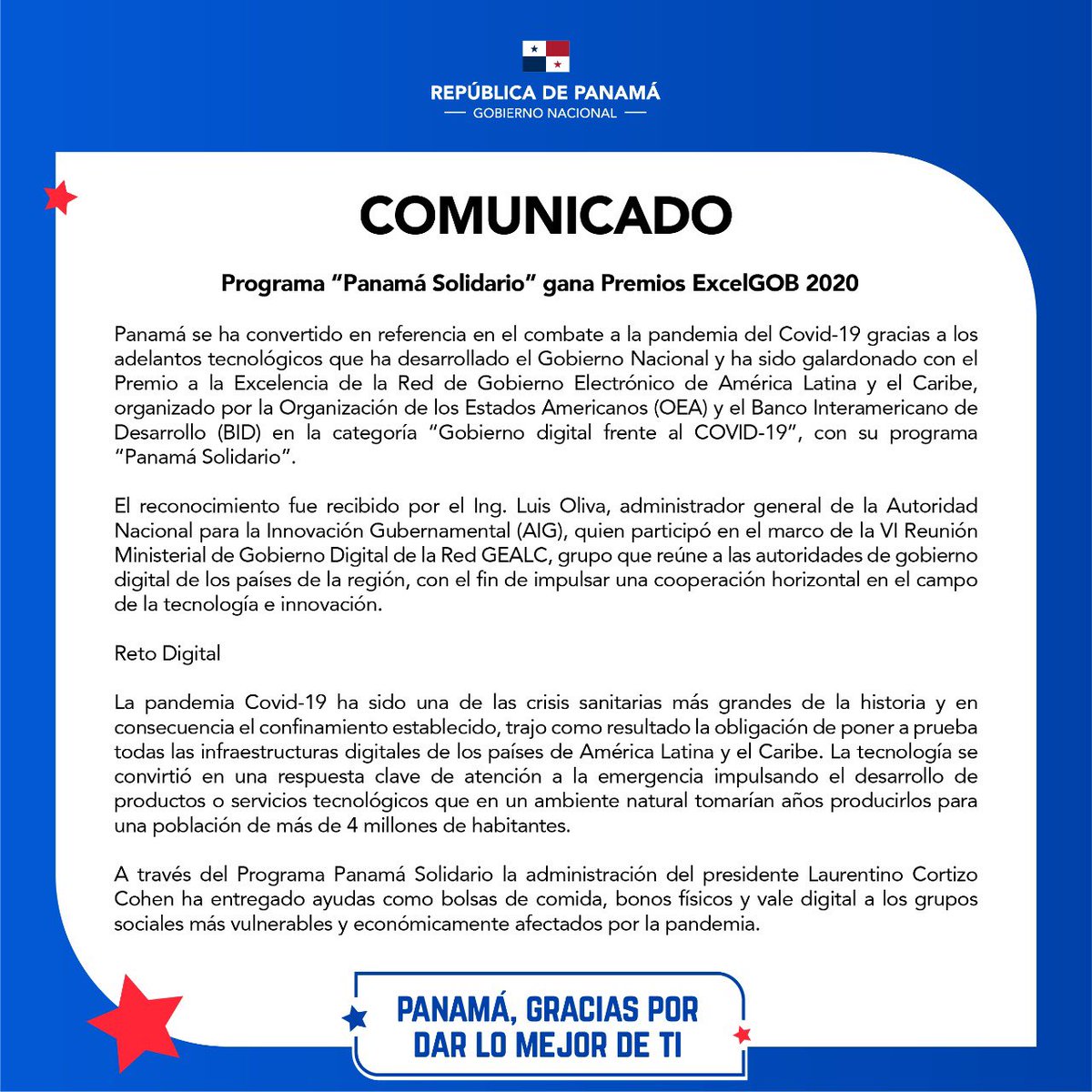 expdtecortizo's tweet photo. Panamá gana Premio a la Excelencia de la Red de Gobierno Electrónico de América Latina y el Caribe en la categoría Gobierno Digital frente al COVID-19 de la  @OEA_oficial y el @el_BID con su Plan #PanamáSolidario. https://t.co/giunKtI6n7