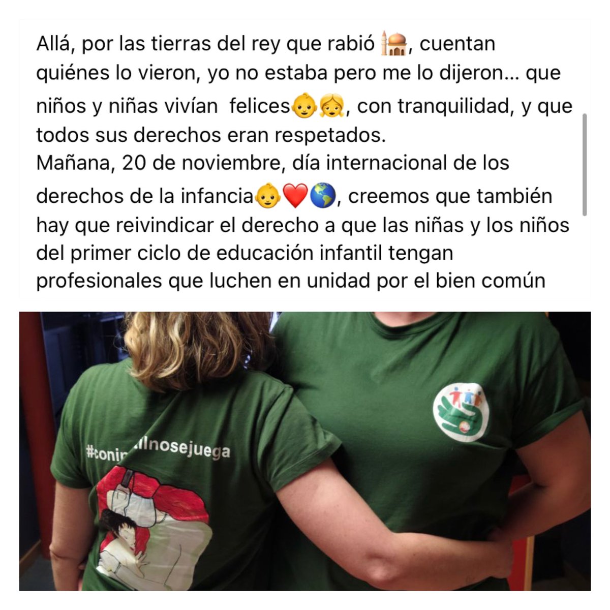 InfantilSe's tweet image. Os invitamos cada #VIERNES a subir una foto con la camiseta y vuestro deseo de mejora en este ciclo educativo tan precarizado. Por nosotras, por nosotros, por nuestras criaturas. Porque... #coninfantilnosejuega 
#diadelacamiseta
#viernesdecamiseta
#coninfantilnosejuega