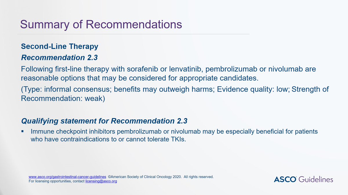 Systemic therapy for HCC-- 2nd Line Therapy:If Atezo/Bev 1st line -> sorafenib/lenvatinib Can consider cabozantinib/rego too #ascoguidelines #hbpsm