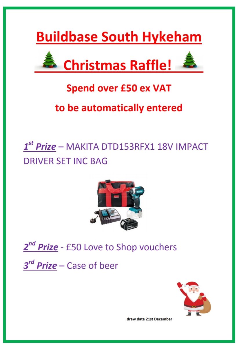 HykBuildbase's tweet image. Our 2020 Christmas raffle starts on Monday 23rd November!

All you have to do to be automatically entered is spend over £50 ex VAT!

#buildbase #raffle