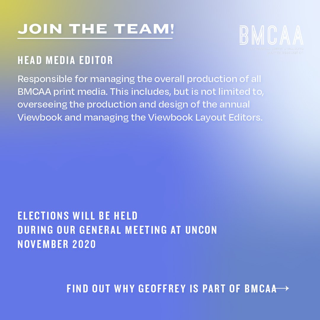 theBMCAA's tweet photo. Meet @glcheung, our Head Media Editor behind the BMC viewbook!

UNCON is coming up Sat Nov 28 - Sun Nov 29, which means so are BMCAA exec elections!

For more info on available positions for the Jan 2021-Dec 2022 term and to RSVP for UNCON: https://t.co/gmUyjVdivx https://t.co/lovJ5ks9qn