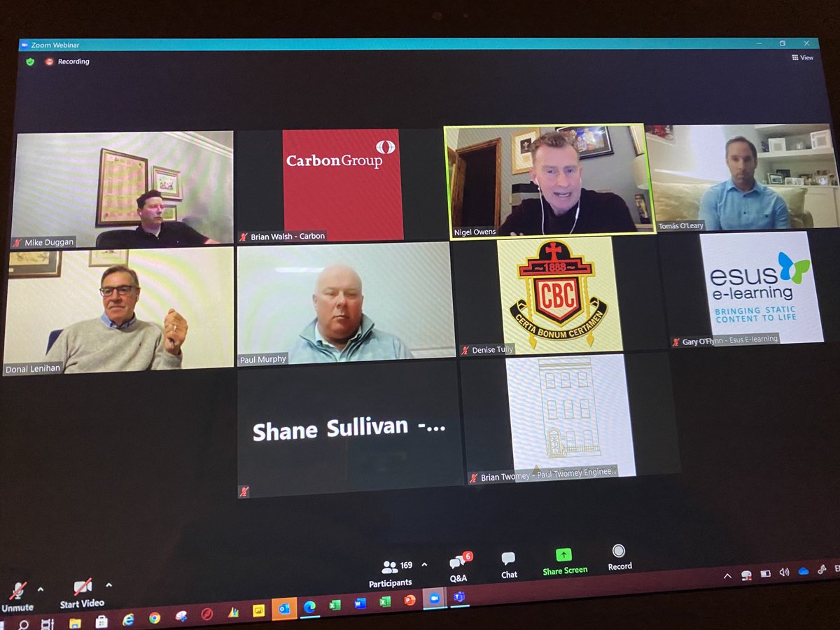 BWalshCarbon's tweet photo. Great insight into what makes Nigel Owens the greatest rugby referee of our times, on a Zoom call with CBC pupils, ppu and friends tonight, delighted Carbon were one of the sponsors https://t.co/AoDbLFoiYF