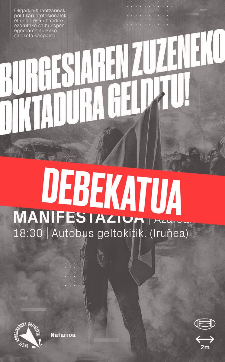 GKS_Irunerria's tweet photo. 🔴ADI! Larunbat honetako manifestazioa debekatu dute. Egoera honen aurrean, kaleak hartzeko hautuan berresten gara. Adi hurrengo deialdiei!

⬇️Hona hemen gure irakurketa: https://t.co/GMpQvHcbwl