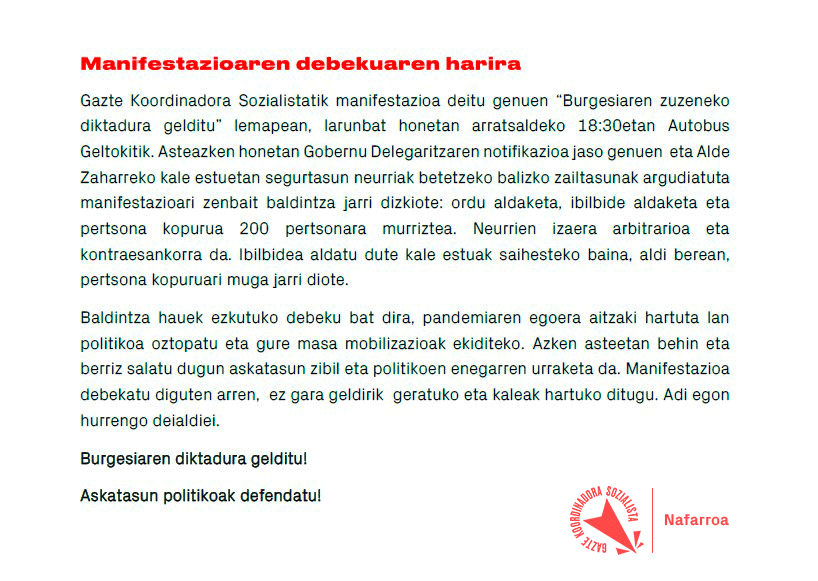 GKS_Irunerria's tweet photo. 🔴ADI! Larunbat honetako manifestazioa debekatu dute. Egoera honen aurrean, kaleak hartzeko hautuan berresten gara. Adi hurrengo deialdiei!

⬇️Hona hemen gure irakurketa: https://t.co/GMpQvHcbwl