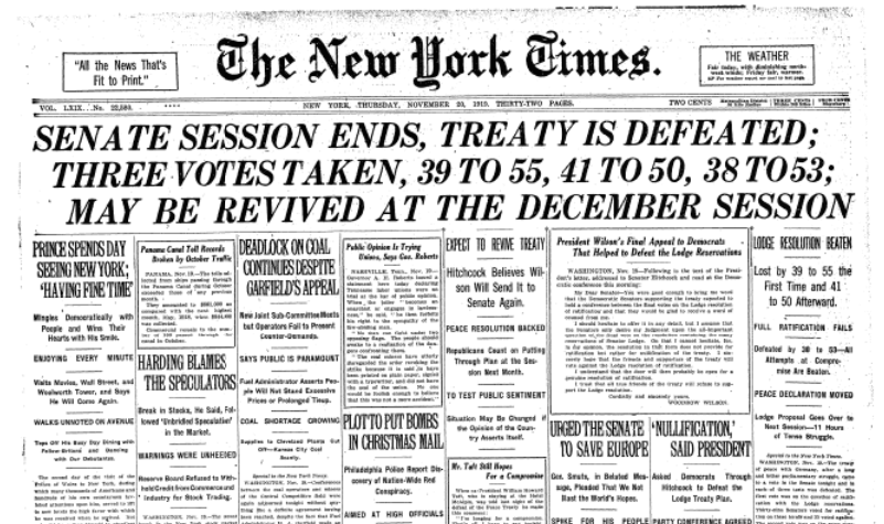 101 years ago, Nov. 19, 1919, the US Senate rejected ratification of the Treaty of Versailles & with it membership in the League of Nations, repudiating Woodrow Wilson's diplomacy, aims for international organization to prevent future wars.  @thisdaypod  https://podcasts.apple.com/us/podcast/us-rejects-peace-treaty-1919-w-christopher-mcknight/id1502728938?i=1000499354205