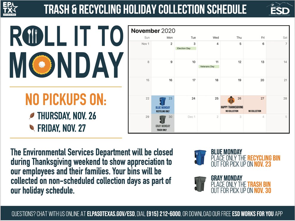 City Of El Paso On Twitter Thanksgiving Is Just Right Around The Corner A Friendly Reminder That Trash And Recyclables Will Not Be Collected On Nov 26 27 In Observance Of The Thanksgiving