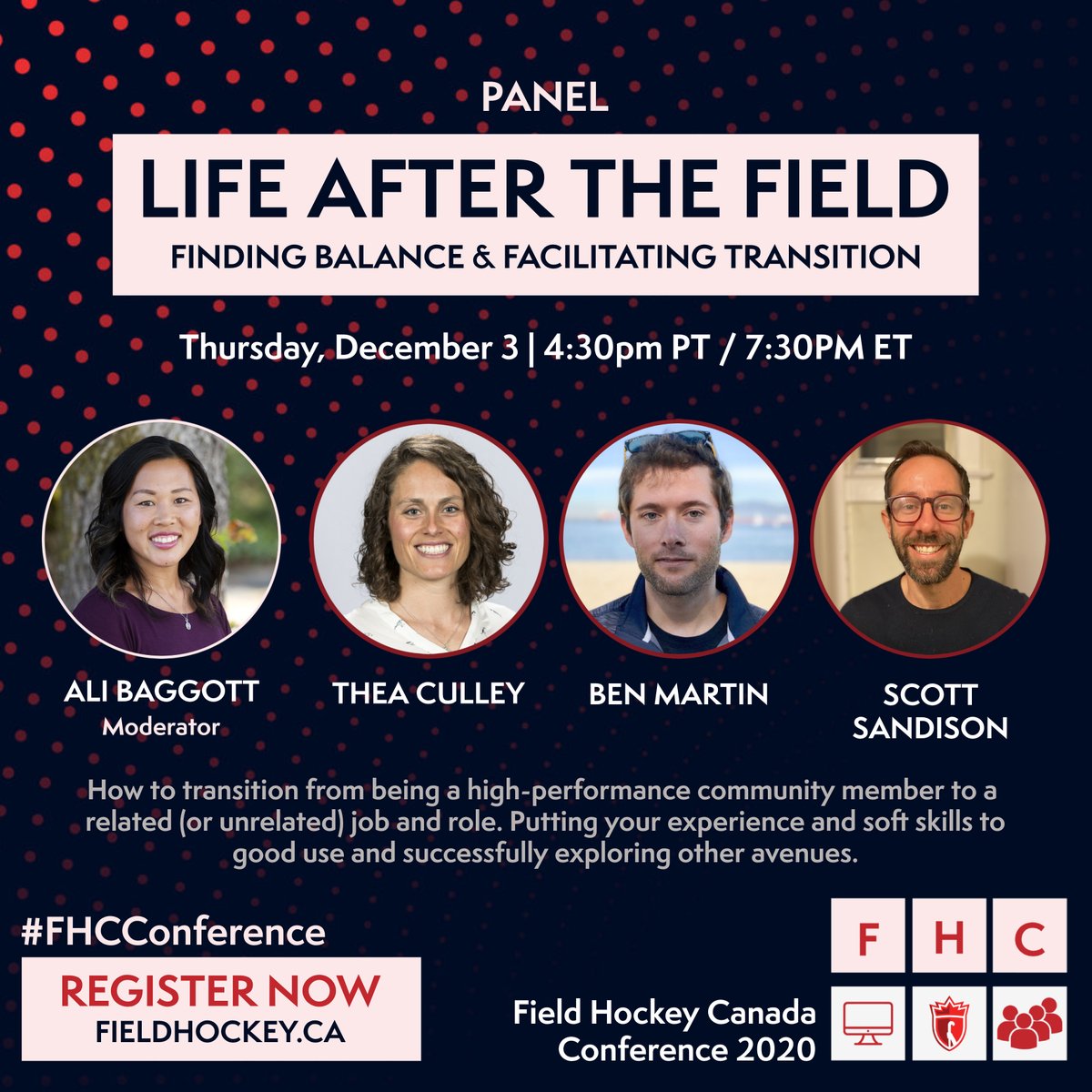 FieldHockeyCan's tweet photo. CONFERENCE: Announcing..... session 1/6! The Life After the Field Panel will be held on Thursday, December 3 at 4:30PT / 7:30 ET.

Tune in to learn about how these former national team players successfully transitioned out of high-performance sport! #FHCConference #sportcanada https://t.co/wcsy5ikxBC