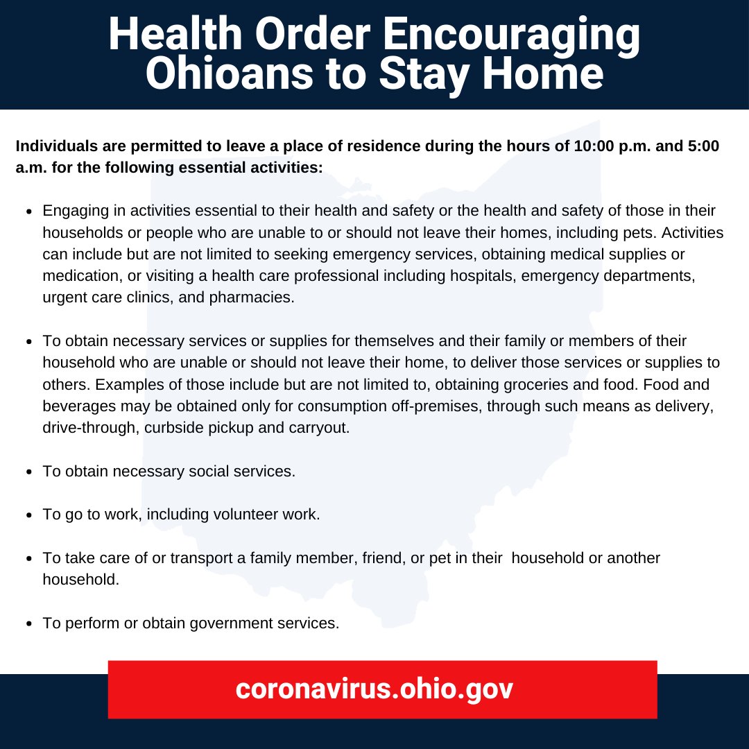 GovMikeDeWine's tweet photo. Ohio's health order encouraging Ohioans to stay home will apply for the next 21-days. With this order, we are discouraging get-togethers and gatherings to minimize the spread of the virus while minimizing the economic impact of a complete shutdown. https://t.co/lMuWnEV7N6 https://t.co/uokvmr3Pyn
