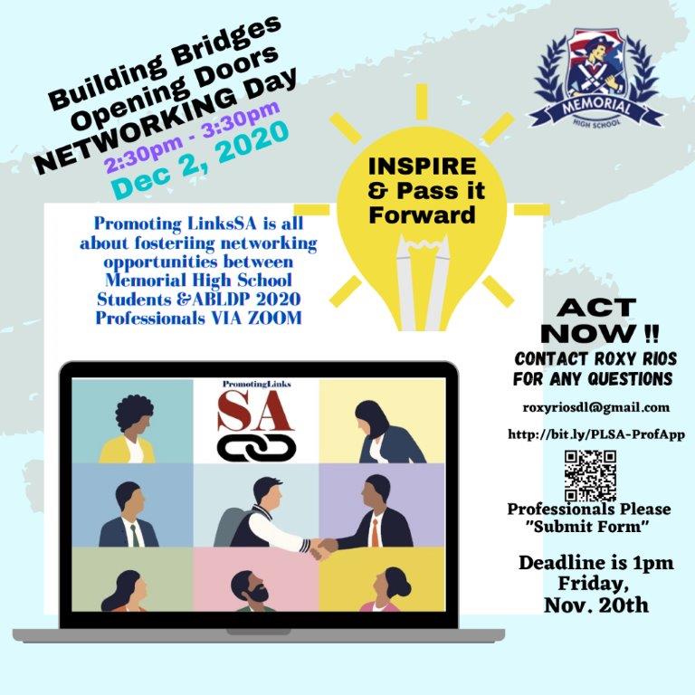 SAHispanicCC's tweet photo. SAHCC Professionals! Our #ABLDP Education Action Team is hosting a Student Networking Event Dec 2, and they are looking for Volunteers to sign up to participate and help these students gain networking experience.
Please sign up before 1 PM Friday, Nov 20: https://t.co/o0JBRHcMpQ https://t.co/KUSFfhFAvn