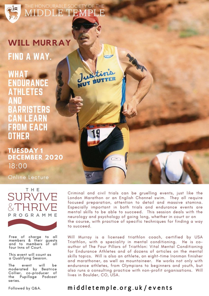 middletemple's tweet photo. Join us for another #SurviveandThrive on Tues 1 December at 18:00. Will Murray, a certified triathlon coach, will discuss mental conditioning and how barristers and endurance athletes can learn from one another. Open to members of all four Inns.
https://t.co/UPnWGROjwF https://t.co/Hbe8vF1XKy
