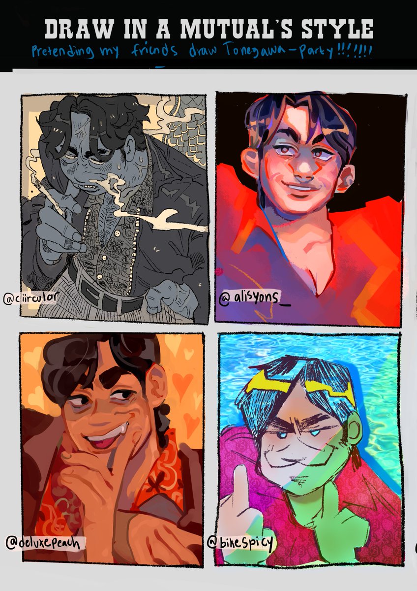 successfully completed an art meme for the first time in my life while watching a lecture! tried to emulate mfriends art styles...