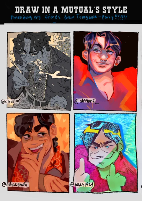successfully completed an art meme for the first time in my life while watching a lecture! tried to emulate mfriends art styles... 