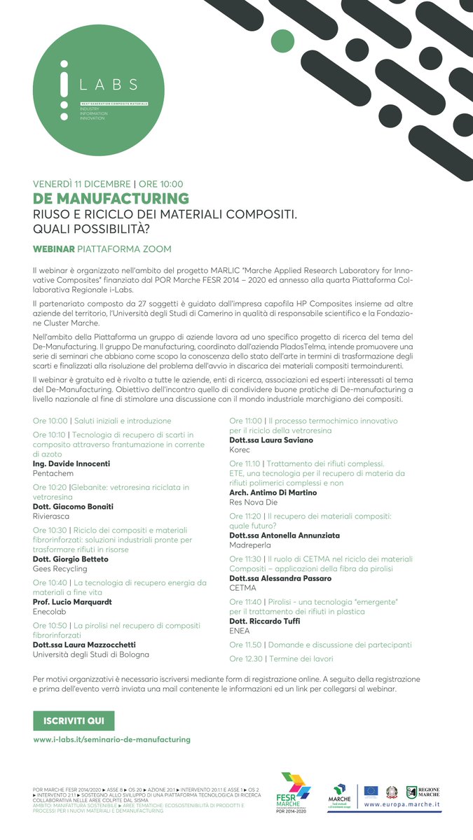Cluster_Marche's tweet photo. 1° Webinar all'interno delle Piattaforme Collaborative regionali sul tema "De Manufacturing" con la partecipazione di  esperti nazionali sul riuso e riciclo dei materiali compositi.
Per iscrizioni: https://t.co/OZ7sc8na8b
#piattaformecollaborative #innovazione #nuovimateriali https://t.co/X0hmB0irlq