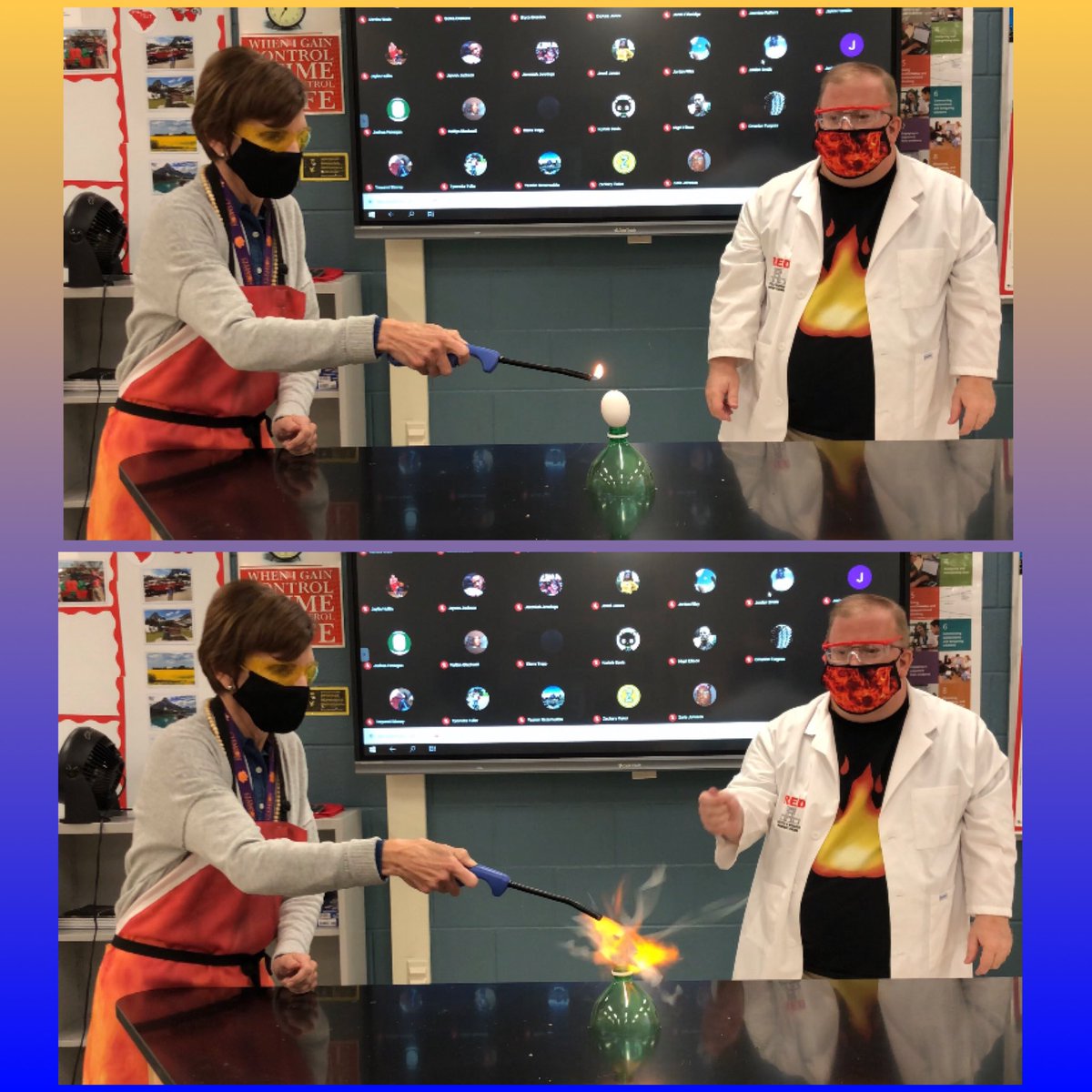 JeffOShields2's tweet photo. Thereβs no better feeling than when I get to collaborate with Mrs. Lewellen and her class! Memorable moments! #ExplodingEggs #Chemistry @lewellen_sharon π₯ π₯π₯@WHS_Redhawks https://t.co/j3O7SVNNaH