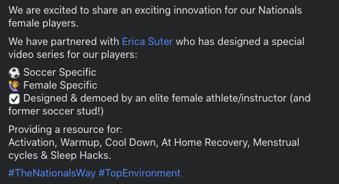 NationalsGA's tweet photo. We are excited to share a new innovation for our players.

We have partnered w/ @fitsoccerqueen to design a special series for our girls:

⚽️ Soccer Specific
🙋‍♀️ Female Specific
☑️ Designed/demoed by an elite female athlete/instructor 

#TheNationalsWay #TopEnvironment https://t.co/f7DsNwQpvF