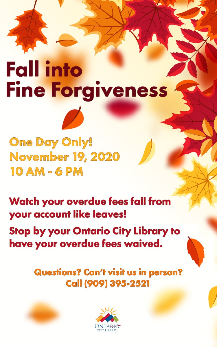 colonylibrary's tweet image. Don&apos;t forget to schedule an appointment or call the Lewis Family Branch Library, part of the Ontario City Library, for Fine Forgiveness Day! Make sure to have your library card or picture ID with you to make the fall magic happen! #LewisFamilyBranch #InCOHSLibrary #FineForgivenes