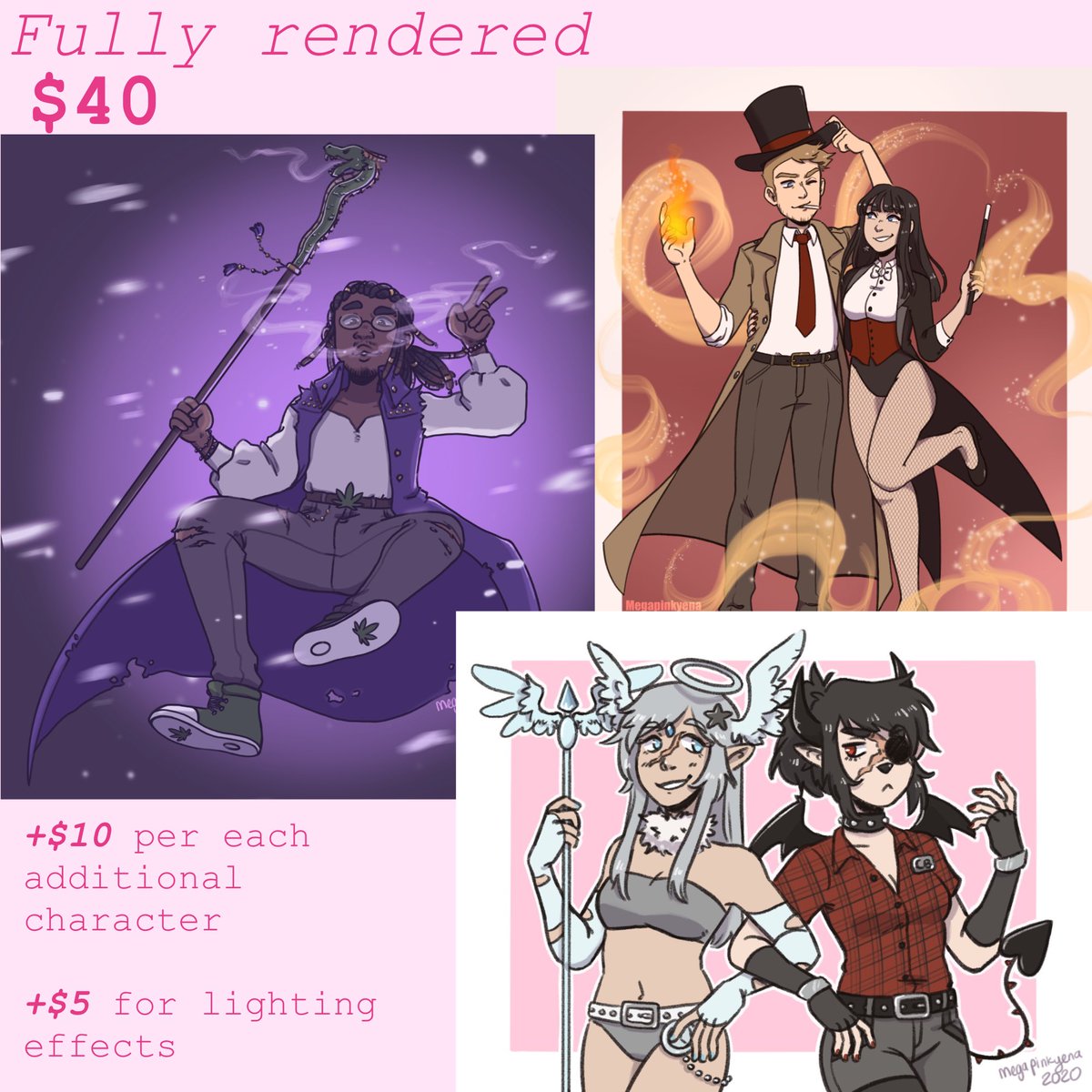 ‼️COMMISSIONS OPEN‼️
I can show additional artwork samples if needed.
DM or email me if you are interested. :)

Email: megapinkyena@gmail.com
Instagram: megapinkyena
Patreon: MegaPinkyena 