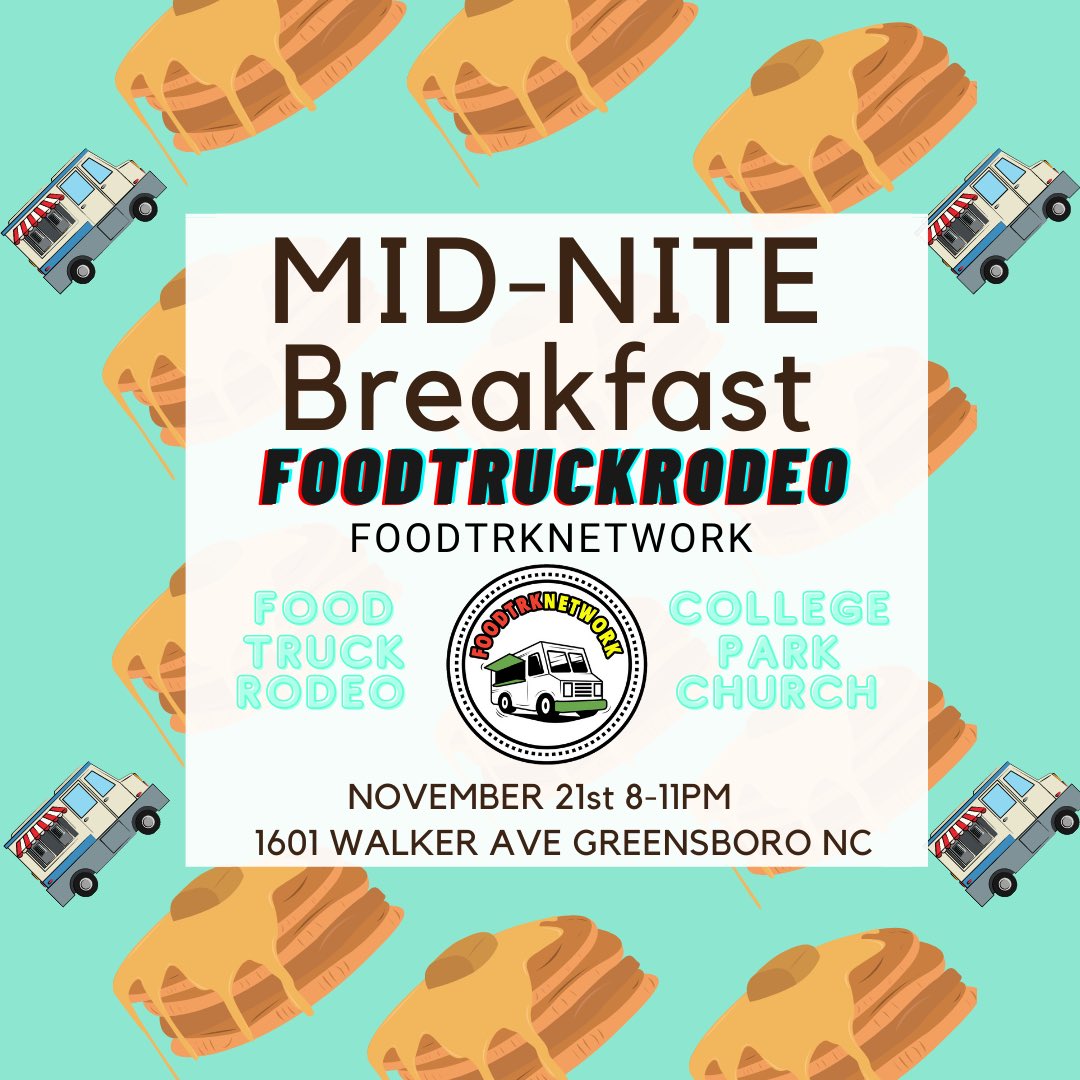 FOODTRKNETWORK's tweet image. MidNite BREAKFAST/Last day of class BLOCK PARTY 

• FREE Entry • 4 FOOD TRUCKS 
• SATURDAY Nov 21 8-11PM
• MASK REQUIRED😷
• OPEN TO THE COMMUNITY &amp;amp; COLLEGE 

@FOODTRKNETWORK @CDKonthemic @DJCHEETO_ 

SHARE #NCAT #UNCG #WSSU #NCAT24
1601 WALKER AVE GREENSBORO 8-11PM