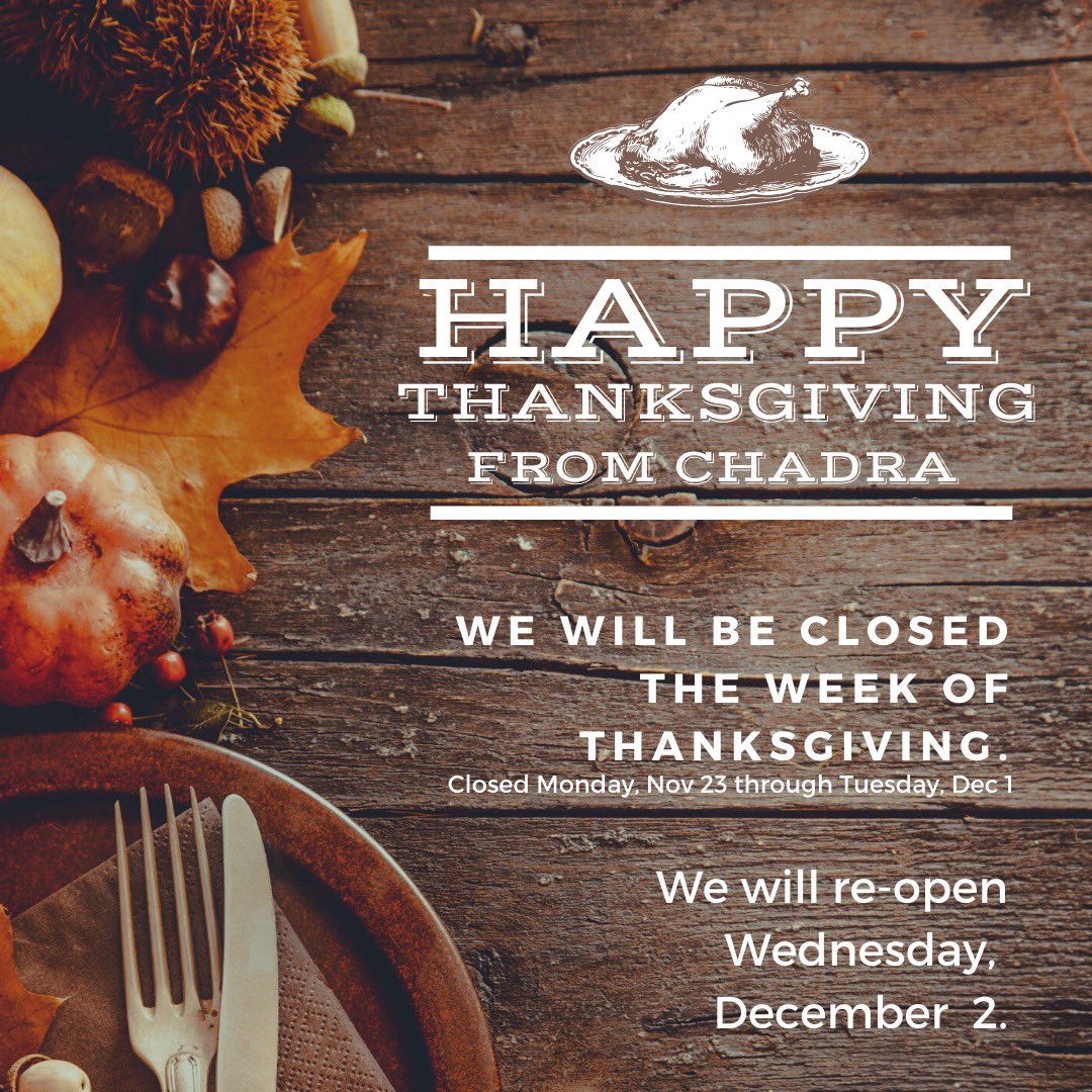 ChadraMezza's tweet photo. 🥧🍁🍗 We will be closed next week for Thanksgiving! We are closed Monday, November 23 through Tuesday, December 1. 

We will re-open Wednesday, December 2! https://t.co/j7WU1V492m