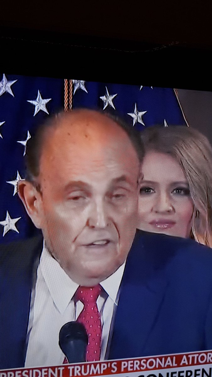 CharlieMinou's tweet photo. Your spray tan is leaking ! 
#noitsnot #RudyGuliani #sweatgate https://t.co/HXvgymImNe