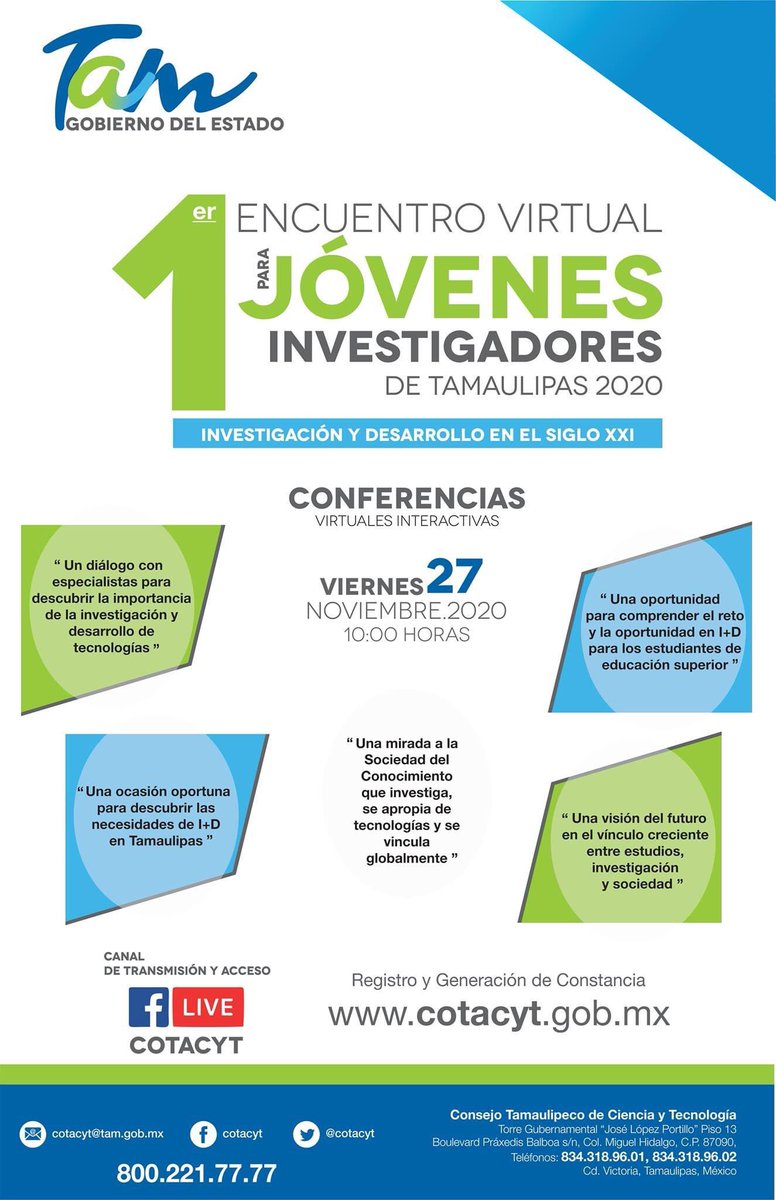 COTACYT's tweet photo. 1er. Encuentro Virtual para Jóvenes Investigadores Tamaulipas 2020, conferencias en vivo. Regístrate en: https://t.co/ZaAmW1uRW4 @gobtam @EDUCATAM #CTITam #1VEJITam https://t.co/VyzdcZr05P