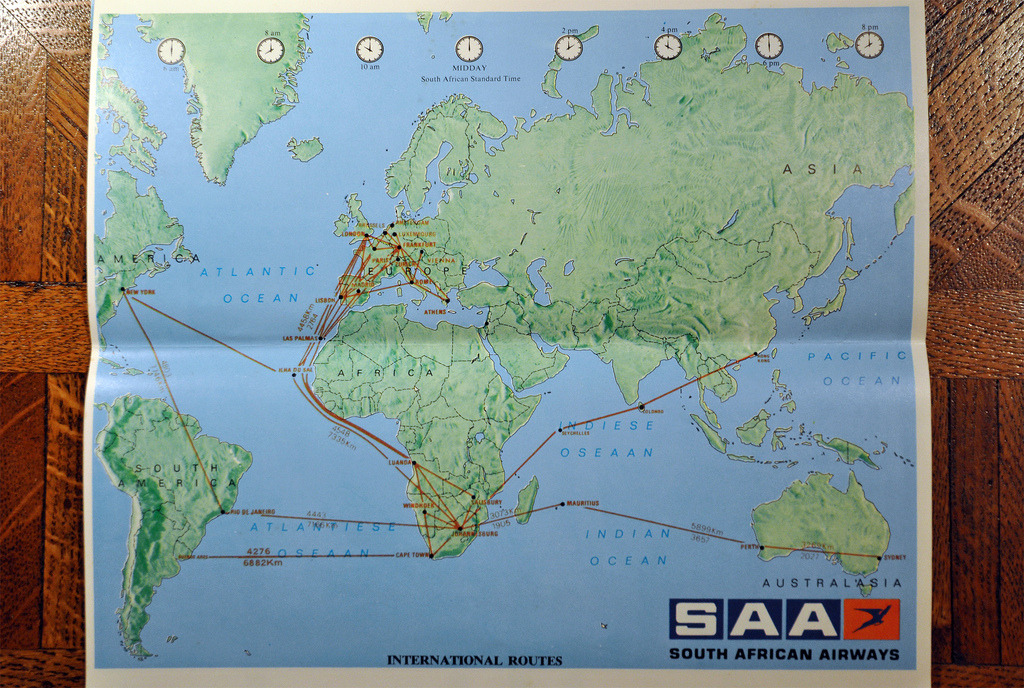 A similar time capsule is this South African Airways map from 1976, when no African states would permit them to refuel hence the big detour around Africa (this is on the verge of the Carnation Revolution, hence those Portruguese colonial stops)