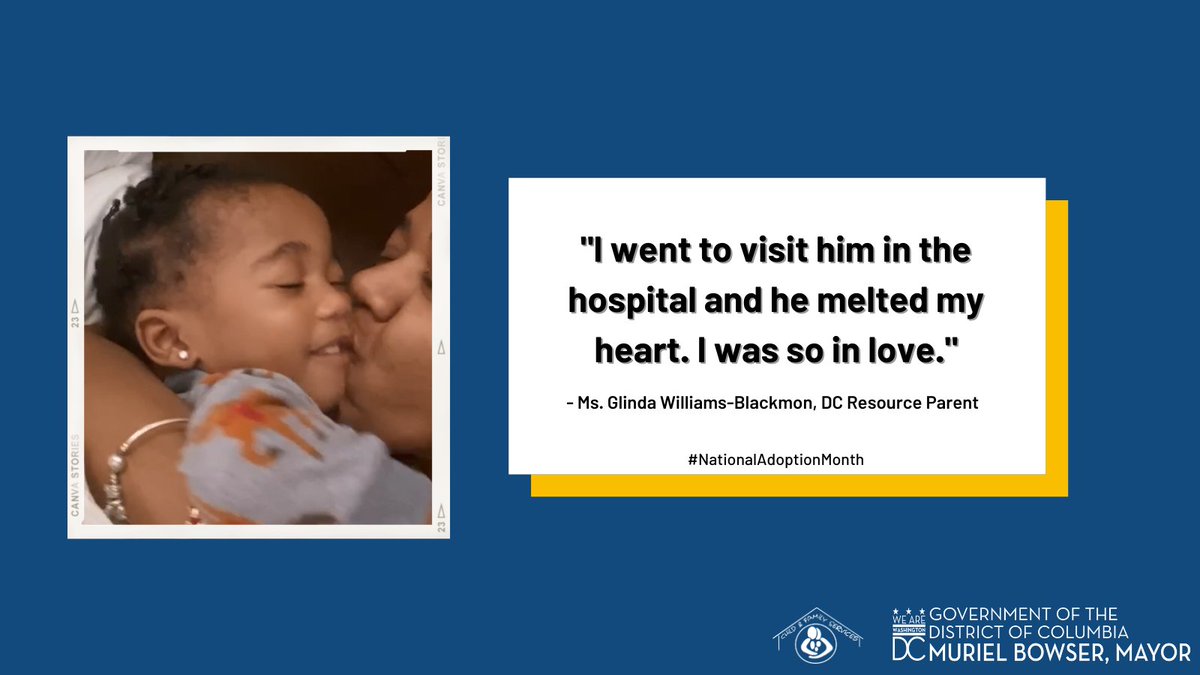 "I went to visit him in the hospital and he melted my heart. I was so in love. [...] When they brought him home, it was heaven-sent." - Ms. Glinda Williams-Blackmon on meeting her son for the first time. Learn more about adopting at bit.ly/FosterOrAdoptDC. #NationaldoptionMonth