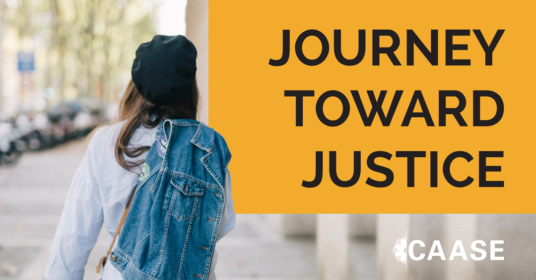 A woman with long brown hair slings a blue denim jacket over her shoulder and walks away from the camera, next to a title reading, "Journey Toward Justice."