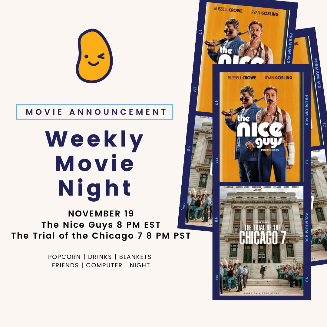 thepotato_tv's tweet photo. Join our virtual movie night TONIGHT!
The Nice Guys | 8 PM EST
The Trial of the Chicago 7 | 8 PM PST
#VirtualMovieNight https://t.co/uQKyPCKfMA