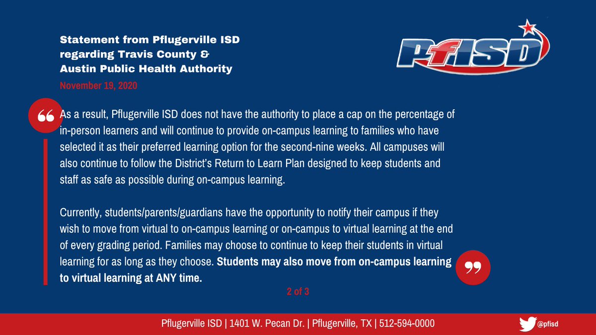 pfisd's tweet photo. Statement from Pflugerville ISD regarding today’s press conference held by representatives from Travis County, Austin Public Health Authority and City of Austin. https://t.co/fsbXSPXEca