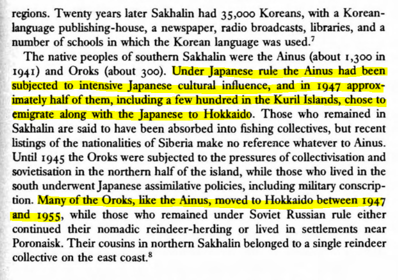 After the Soviet annexation of South Sahkalin, half of the Ainus and Oroks decided to leave for Japan.