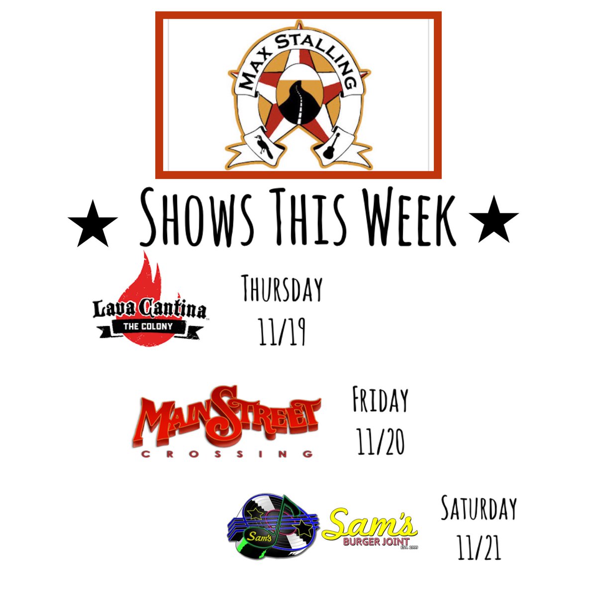 maxstalling's tweet photo. Several socially distanced, properly managed shows:

Thr 11/19: @lavacantinatc /The Colony, TX -Full Band show w spcl guest @MattHillyer1 &amp; @hendrixj1100 

Fri 11/20: @mainstreetxing /Tomball, TX -Max &amp; Heather Duo 

Sat 11/21: @SamsBurgerJoint /San Antonio, TX -Max &amp; Heather Duo https://t.co/wYkFLHYIef
