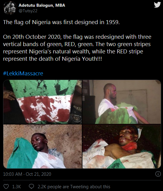 1. Can CNN say 2 flags were used on the same person in the midst of LIVE BULLETS?2. Was this picture taken at Lekki BEFORE or AFTER the  @HQNigerianArmy left since DJ Switch said they left with dead bodies?Remember this Pix was already online as at 21st of Oct.Is this Lekki?