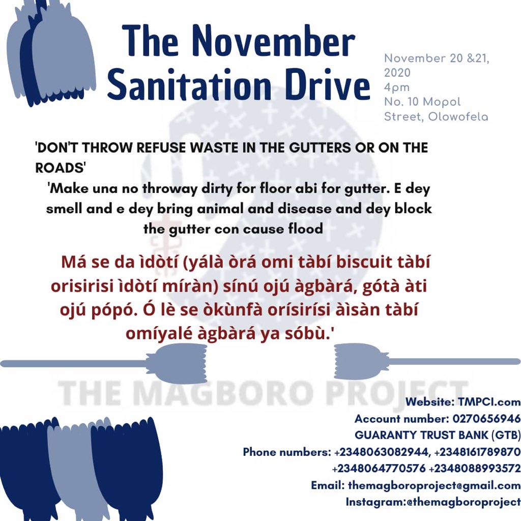 magboroproject's tweet photo. The Magboro November Sanitation Drive is here again

Join us and encourage your own sanitation drive

#sanitationNovember #keeptheenvironmentclean https://t.co/8tjZqlhikH