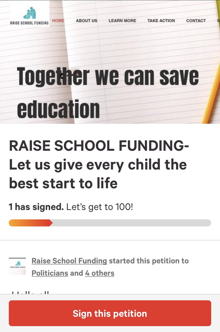 Hello all, 
We have now created a petition to show the government that a change needs occur! 
We would really appreciate it if you could sign it and if possible share it to others (RT) 
Let’s make a #change !

change.org/RaiseSchoolFun… 

#education #schoofunding #schoolcuts