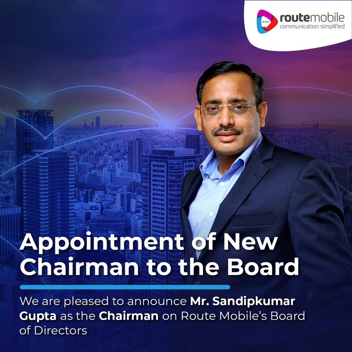 routemobile's tweet photo. #RouteMobileLimited, a global #cloudcommunications platform services provider, is pleased to announce the #appointment of Mr. Sandipkumar Gupta as Chairman (Non-Exec) of the #BoardofDirector w.e.f Nov 19, 2020. We wish Mr. Gupta the very best in his new role.
#CPaaS https://t.co/lBrOMibsUY