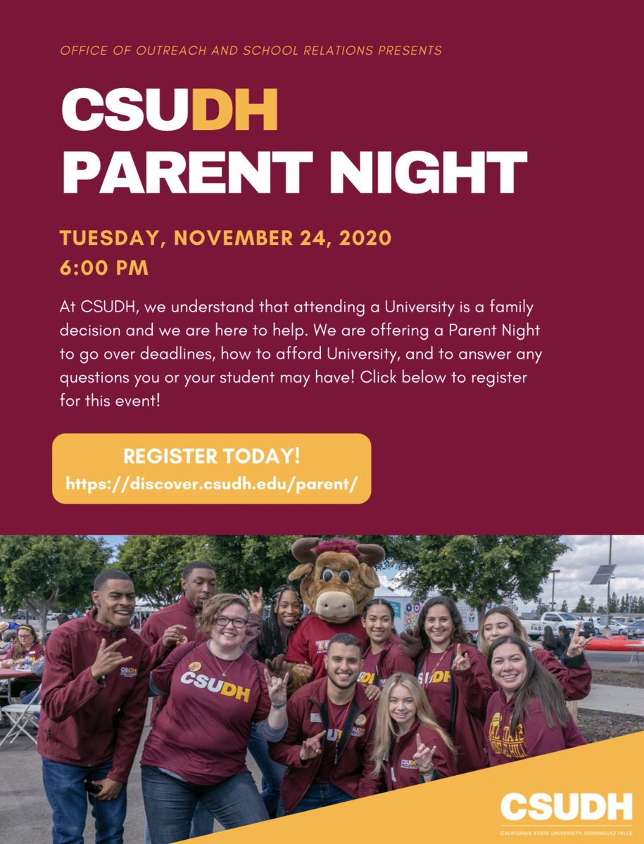 CV_Connect's tweet photo. Attention Families!
CSUDH is inviting you to โParent Nightโ on Tuesday, November 24th at 6 p.m.
Register today!
https://t.co/blwDfEI93O
@DominguezHills
#CSUDH #Toro #csudhtoros #adayatcsudh #CSU #californiastateuniversity #californiastateuniversitydominguezhills #academics https://t.co/zRZ4hbsdX2