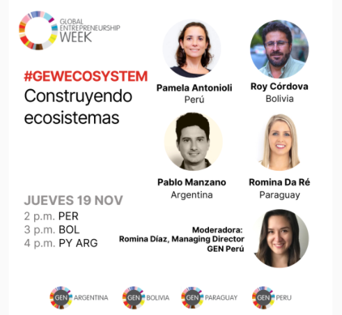 incutex's tweet photo. ¡Una tarde más linda que otra🙌! Seguimos disfrutando de los encuentros y #webinars en el marco de la #GEW2020. Es momento de hablar de #ecosistemas de la mano de @Romina_lalala, @pmanzano, Pamela Antoniolli (@HubPeru), @RoyCarloCordova(@HelvetasBolivia) y @romidare(@ENIparaguay) https://t.co/8wK0Alcc4u