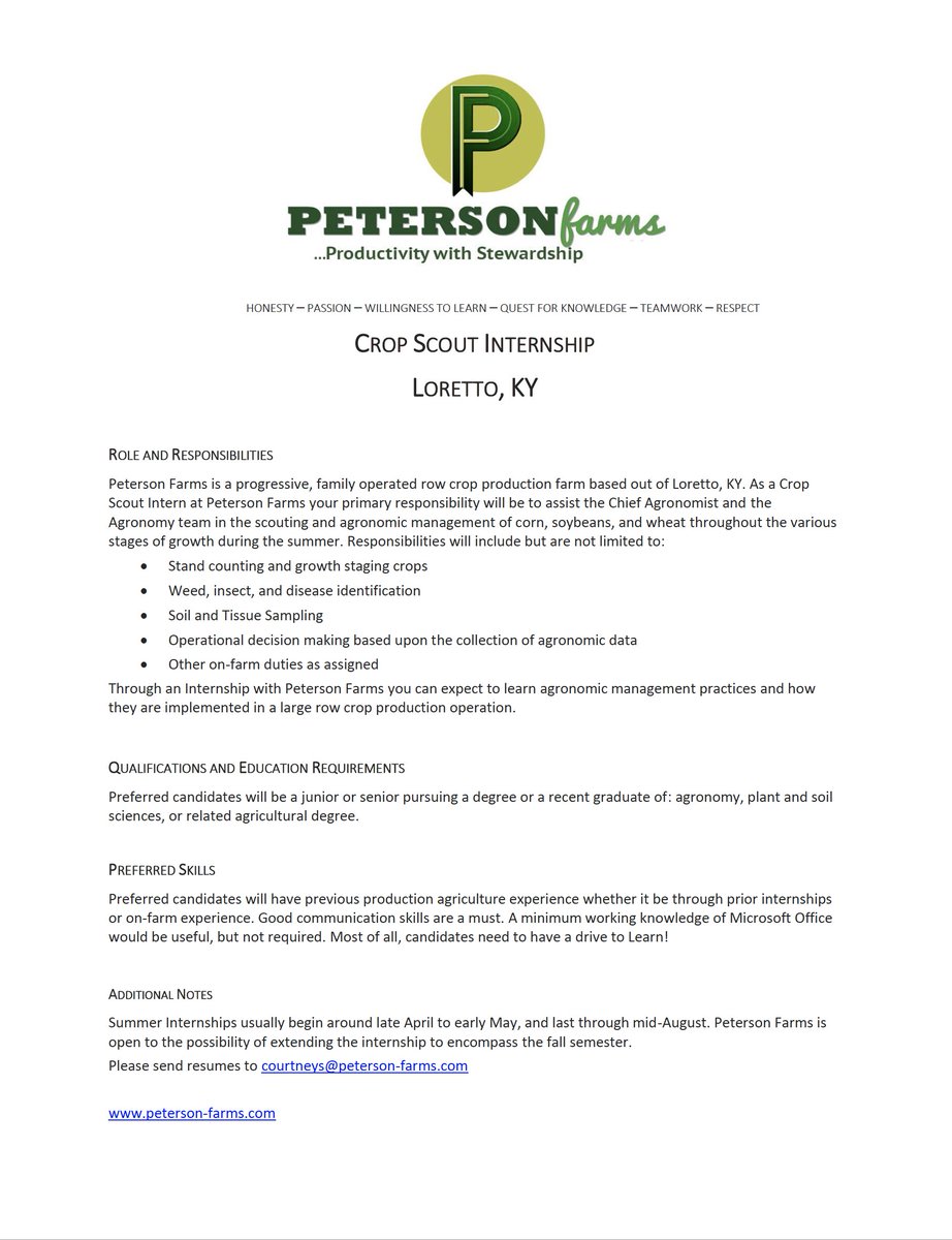 Careers for CATS (@ukycafecareers) on Twitter photo Crop scout and field operations interns needed at <a href="/PetersonFarmsKY/">Peterson Farms</a> in Loretto, KY @ukagronomy Crop scout and field operations interns needed at <a href="/PetersonFarmsKY/">Peterson Farms</a> in Loretto, KY @ukagronomy