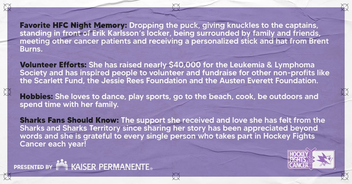 sjscommunity's tweet photo. Today’s #HockeyFightsCancer Community Captain p/b @kpthrive is Amazing Gray 💜
Since dropping the puck in 2019, she‘s raised nearly $40,000 for cancer research, while inspiring countless others to volunteer and fundraise! Graysen is on track to complete treatment in March 2021! https://t.co/LApncT4kO3