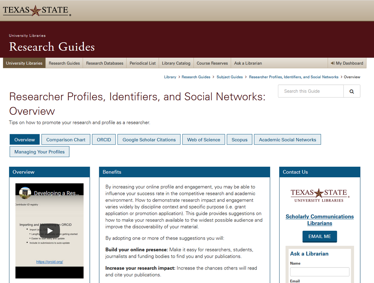 .<a href="/txst/">Texas State University</a> #TXST <a href="/TxStateResearch/">Texas State Research</a> colleagues:

Have you had a chance to check out the Excellent information from our <a href="/alkeklibrary/">Alkek Library</a> regarding "Building your Research Profile?" <a href="/alkekarlene/">Arlene Salazar, Librarian 🎓</a> <a href="/TXSTRRCLibrary/">RRC Library</a> 

Great Resource! 

See: guides.library.txstate.edu/c.php?g=647126…