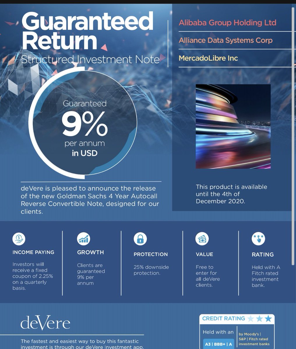 skyboundare's tweet photo. This structured investment note offers a guaranteed return of 9%pa in USD..... Available till 4th of Dec, 2020.....my DM is open for further info.
#assetmgt
#wealthmgt
#deVere
#structurednote https://t.co/89qh6vvTVR