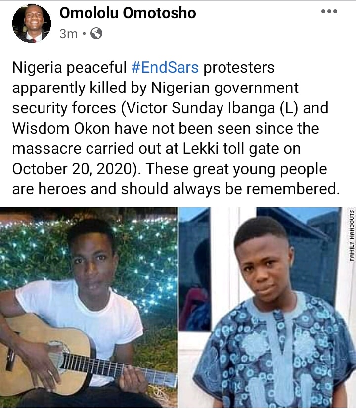 omotoshoomololu's tweet photo. RT Faces of peaceful Nigerian #EndSars protesters apparently killed by Nigerian government security forces #EndSarsNow #EndSwat #sorosoke #SwatMustEnd #Lekki #BLM #BlackLivesMatter #LekkiMassacre #Nigeria #Africa #RevolutionNow #MuhammaduBuhari #Buhari https://t.co/h2GAeY5ZlB