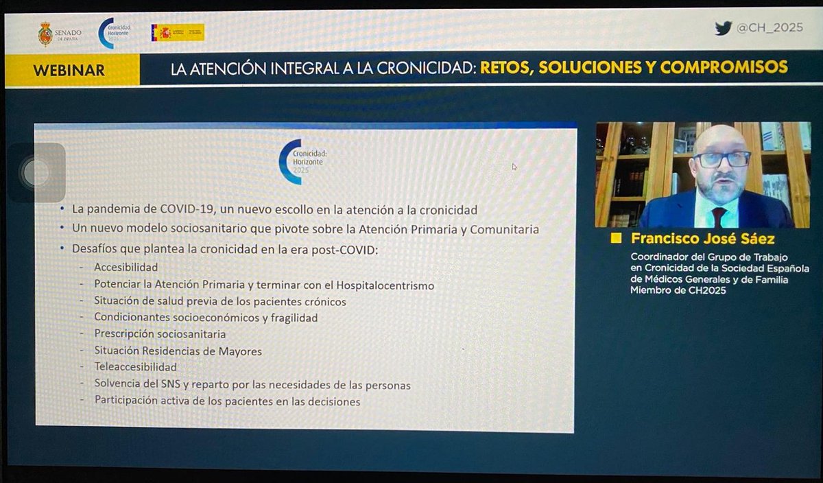 "La crisis sanitaria ocasionada por el #COVID19 ha evidenciado la situación de especial vulnerabilidad que sufren los pacientes con enfermedades crónicas" Dr. <a href="/fsaezm/">Francisco Jose Saez Martínez</a>, responsable del Grupo de Trabajo de #Cronicidad de la <a href="/SEMG_ES/">SEMG 🩺 #OrgullososDeEstarALaCabecera👩‍⚕️👨‍⚕️</a> en la #webinar de la Plataforma <a href="/CH_2025/">Cronicidad: Horizonte 2025</a> #CH2025