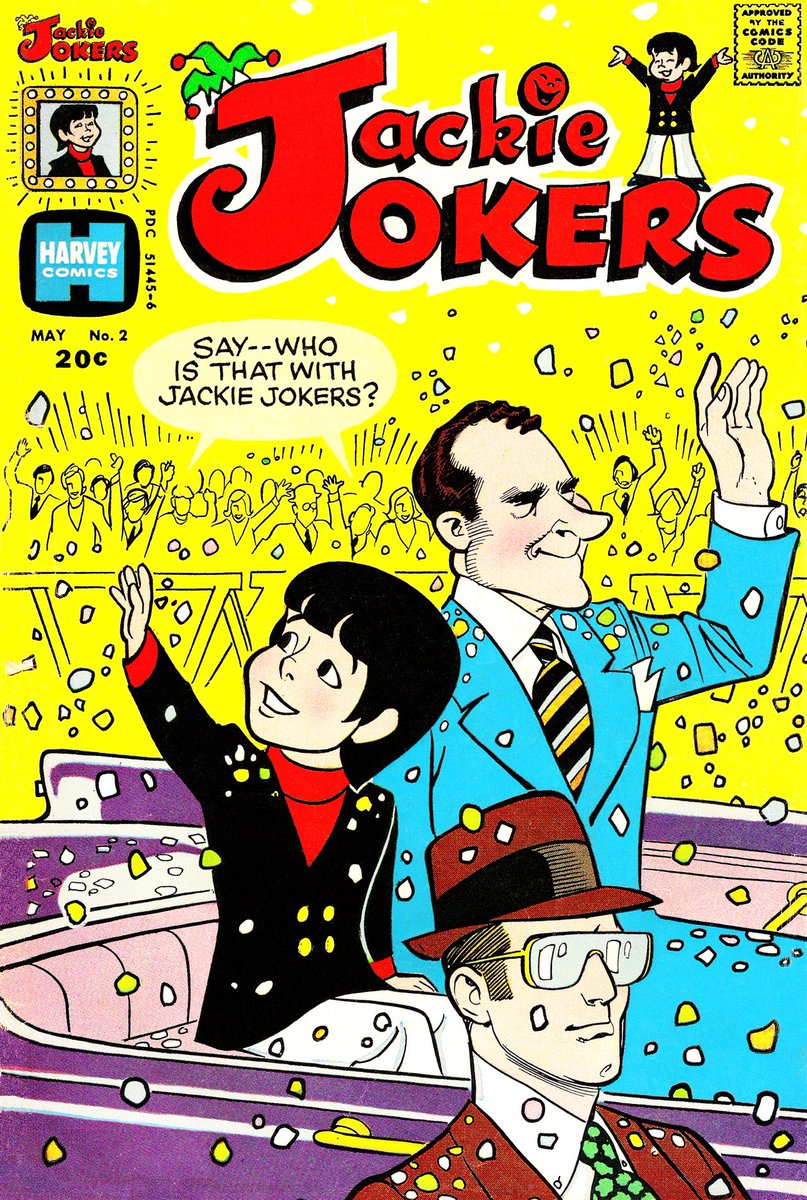 So that is exactly what Harvey comics did in the Spring of '73. This is a supporting Richie Rich character, boy comedian, magician, impressionist Jackie Jokers in a literal ticker tape parade with....Richard M. Nixon.