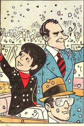 So that is exactly what Harvey comics did in the Spring of '73. This is a supporting Richie Rich character, boy comedian, magician, impressionist Jackie Jokers in a literal ticker tape parade with....Richard M. Nixon.