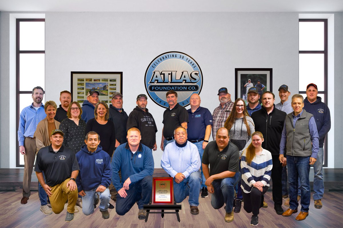 AtlasFoundComp's tweet photo. Atlas Foundation Companies office staff and superintendent members are thrilled to accept the 2019 Jeffrey R. Jensen Construction Safety Excellence Award in recognition of all our dedicated employees who prepare, organize, and execute their work safely and efficiently every day. https://t.co/Xq5ih5kM0M