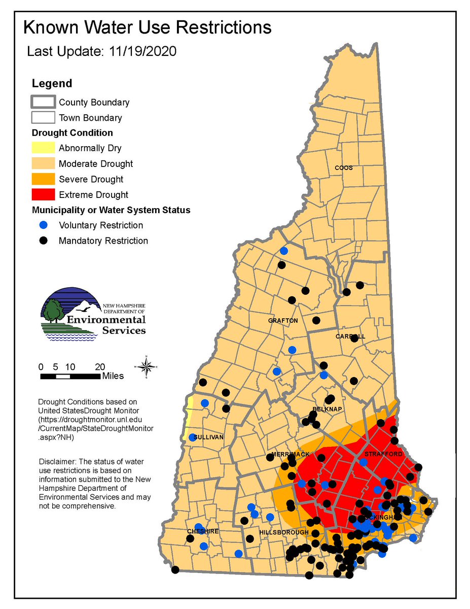 NHDES's tweet photo. SEVERE &amp; EXTREME DROUGHT AREA EXPANDS: According to this week’s U.S. Drought Monitor, after two weeks of no change, the area of the southeastern section of NH experiencing the worst drought has expanded. Conditions remained unchanged in the remainder of the state.
#nhdrought https://t.co/WrqI2Gienw